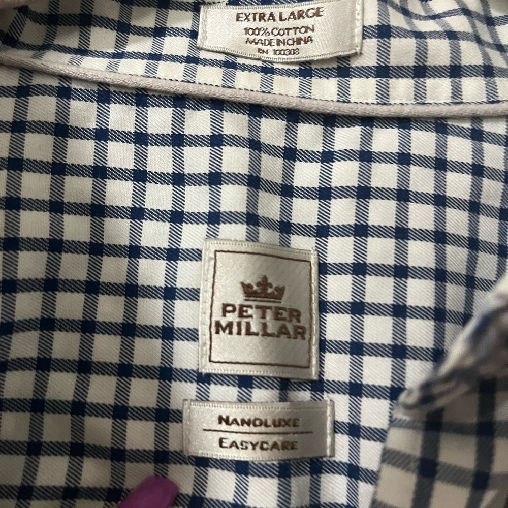 Peter Millar Nanoluxe 100% Cotton Blue and White plaid Dress Shirt Size XL - Picture 5 of 8